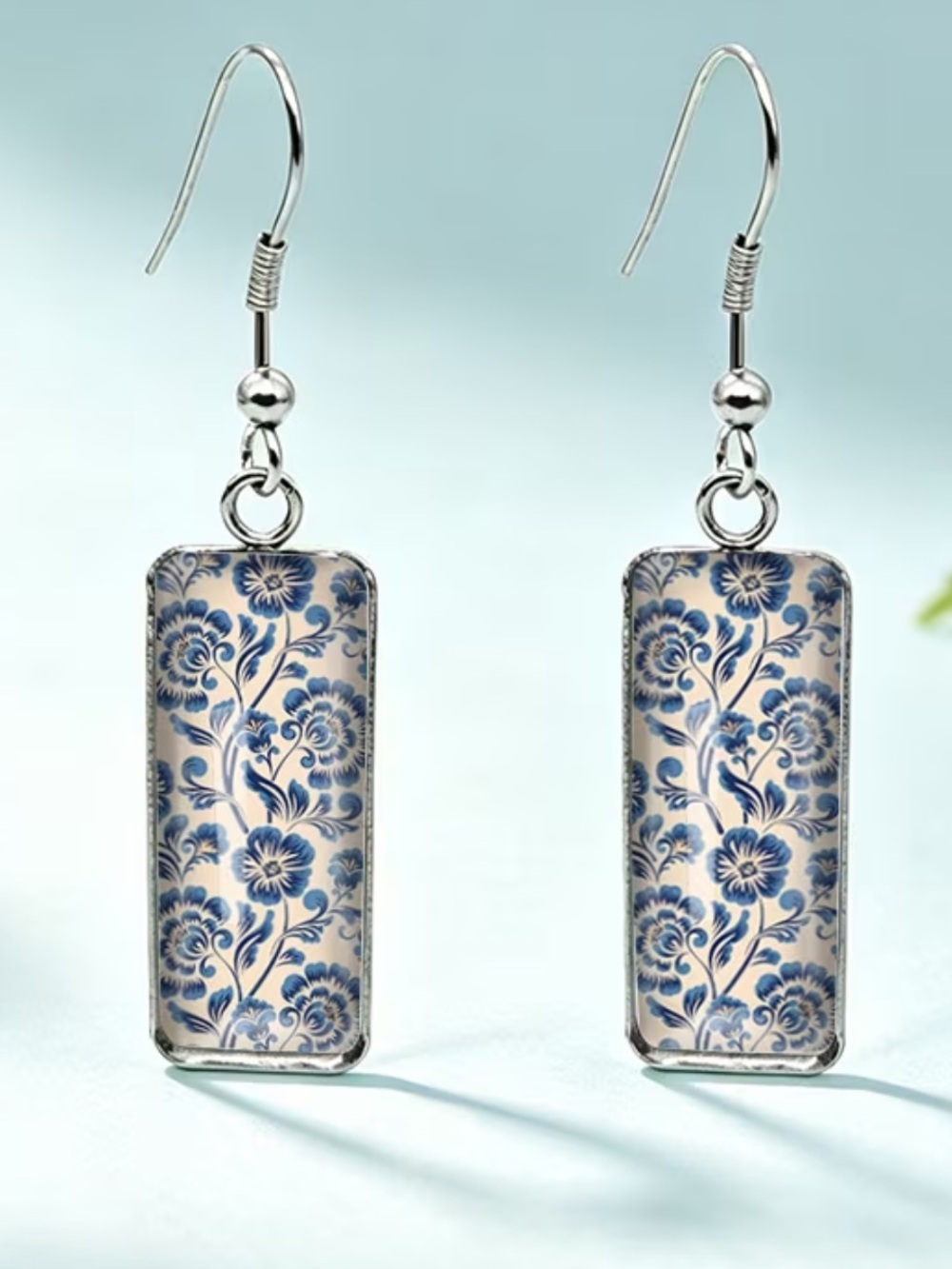 Blooming Blue & White Floral Rectangular Glass Pendant Earrings Fishhook Style